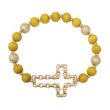 103649, CROSS WITH WOOD BEADED STRETCH BRACELET