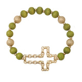 103649, CROSS WITH WOOD BEADED STRETCH BRACELET