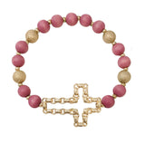 103649, CROSS WITH WOOD BEADED STRETCH BRACELET