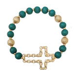 103649, CROSS WITH WOOD BEADED STRETCH BRACELET