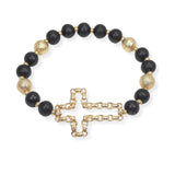 103649, CROSS WITH WOOD BEADED STRETCH BRACELET