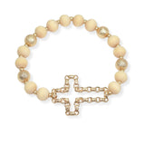 103649, CROSS WITH WOOD BEADED STRETCH BRACELET