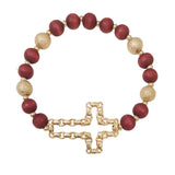 103649, CROSS WITH WOOD BEADED STRETCH BRACELET