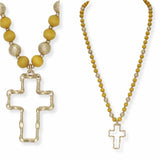 103650, CROSS CHARM WOOD BEADED LONG PENDANT NECKLACE