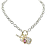 107458, 14K GOLD PLATED CLOVER CUBIC ZIRCONIA PEARL CHARM DESIGNER INSPIRED NECKLACE