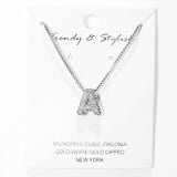 103779, SILVER, WHITE GOLD DIPPED, MICRO PAVE CUBIC ZIRCONIA BUBBLE INITIAL NECKLACE