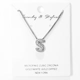 103779, SILVER, WHITE GOLD DIPPED, MICRO PAVE CUBIC ZIRCONIA BUBBLE INITIAL NECKLACE