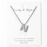 103779, SILVER, WHITE GOLD DIPPED, MICRO PAVE CUBIC ZIRCONIA BUBBLE INITIAL NECKLACE