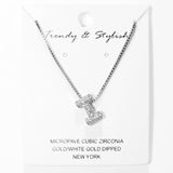 103779, SILVER, WHITE GOLD DIPPED, MICRO PAVE CUBIC ZIRCONIA BUBBLE INITIAL NECKLACE