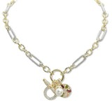 107459, 14K GOLD PLATED ROUND FLORAL CUBIC ZIRCONIA PEARL CHARM DESIGNER INSPIRED NECKLACE