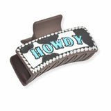 103841, "HOWDY" COW PRINT LEATHER RECTANGULAR GRANDER HAIR CLAW