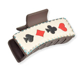 103842, POKER CARD SYMBOL PRINT LEATHER RECTANGULAR GRANDER HAIR CLAW