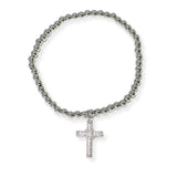 103848, PAVE CROSS CHARM STAINLESS STEEL BALL BEADED STRETCH BRACELET