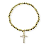 103848, PAVE CROSS CHARM STAINLESS STEEL BALL BEADED STRETCH BRACELET
