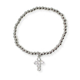 103850, CROSS CHARM STAINLESS STEEL BALL BEADED STRETCH BRACELET