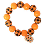 103890, HALLOWEEN PUMPKIN CHARM WOOD BEADED STRETCH BRACELET