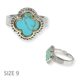 103944, TWO TONE WITH TURQUOISE CLOVER DESIGNER INSPIRED RING