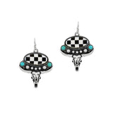 104056, CHECKER PRINT WESTERN STEER HEAD DANGLE EARRING