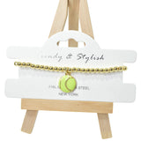 104065, SOFTBALL CHARM STAINLESS STEEL BEADED STRETCH BRACELET