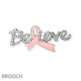 104084, "BELIEVE" PAVE RHINESTONE PINK RIBBON BROOCH