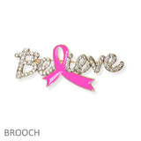 104084, "BELIEVE" PAVE RHINESTONE PINK RIBBON BROOCH