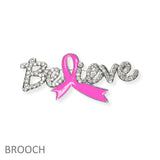 104084, "BELIEVE" PAVE RHINESTONE PINK RIBBON BROOCH