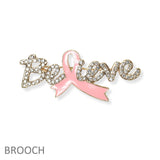 104084, "BELIEVE" PAVE RHINESTONE PINK RIBBON BROOCH