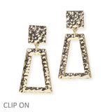 104115, HAMMERED GEOMETRIC METAL DANGLE CLIP ON EARRING
