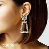 104115, HAMMERED GEOMETRIC METAL DANGLE CLIP ON EARRING