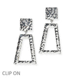 104115, HAMMERED GEOMETRIC METAL DANGLE CLIP ON EARRING