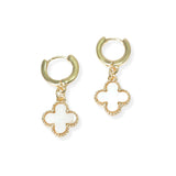 104120, MOTHER OF PEARL CLOVER DANGLE HUGGIE HOOP EARRING