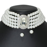 104214, OVAL RHINESTONE ACCENT PEARL STRAND CHOKER NECKLACE