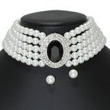 104214, OVAL RHINESTONE ACCENT PEARL STRAND CHOKER NECKLACE
