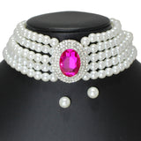 104214, OVAL RHINESTONE ACCENT PEARL STRAND CHOKER NECKLACE