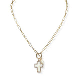 104222, CROSS MOTHER OF PEARL CHARM TOGGLE NECKLACE