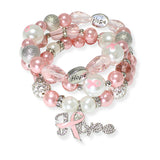 104225, "HOPE" PINK RIBBON MULTI LAYERED BEADED STRETCH BRACELET