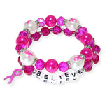 104226, "BELIEVE" WORD BLOCK PINK RIBBON MULTI LAYERED BEADED STRETCH BRACELET