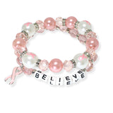 104226, "BELIEVE" WORD BLOCK PINK RIBBON MULTI LAYERED BEADED STRETCH BRACELET
