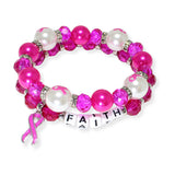104227, "FAITH" WORD BLOCK PINK RIBBON MULTI LAYERED BEADED STRETCH BRACELET