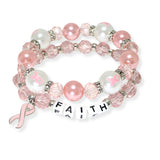 104227, "FAITH" WORD BLOCK PINK RIBBON MULTI LAYERED BEADED STRETCH BRACELET