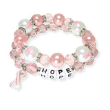 104228, "HOPE" WORD BLOCK PINK RIBBON MULTI LAYERED BEADED STRETCH BRACELET