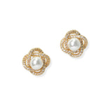 104264, GOLD DIPPED, PEARL WITH PAVE CUBIC ZIRCONIA STUD EARRING