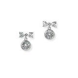104296, WHITE GOLD PLATED, DAINTY BOW RIBBON CUBIC ZIRCONIA DANGLE EARRING