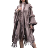 104330, FAUX FUR ACCENT WRAP PONCHO/RUANA CAPE WITH FRINGES