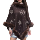 104335, FLOWER CLOVER PRINT WITH RHINESTONE FAUX FUR TRIM PONCHO