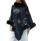 104335, FLOWER CLOVER PRINT WITH RHINESTONE FAUX FUR TRIM PONCHO