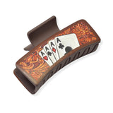 104353, WESTERN POKER CARD PRINT LEATHER RECTANGULAR GRANDE HAIR CLAW