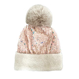 104400, SEQUIN ACCENT FUR POM POM BEANIE HAT