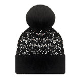 104400, SEQUIN ACCENT FUR POM POM BEANIE HAT