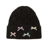 104403, MULTI COLOR RIBBON BOW ACCENT KNITTED BEANIE HAT